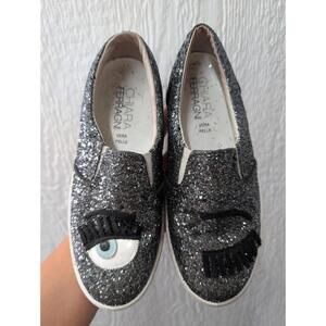 Chiara Ferragni Flirting Glitter Slip On Sneakers Shoes In Silver Size 36